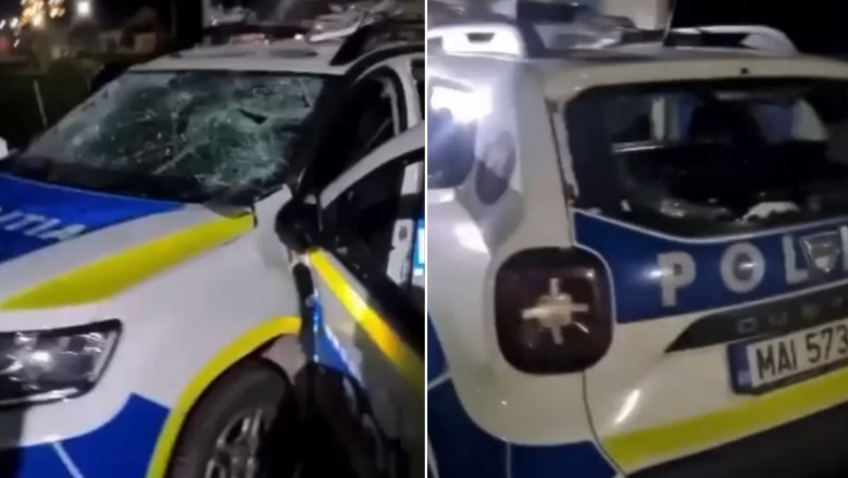 masina de politie distrusa cu ciocanul