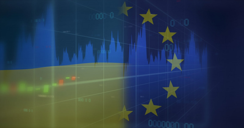 Image of flag of ukraine and eu over data processing