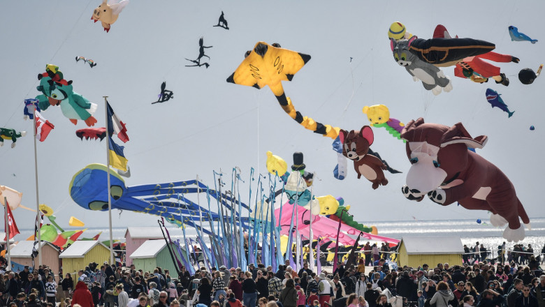 zmeie pe cer, lume stransa pe plaja in franyta, la festival de zmeie