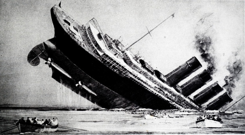 Illustration showing the sinking of the American liner 'Lusitania'