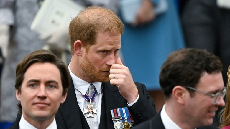 (Left to right) Edoardo Mapelli Mozzi, the Duke of Sussex and Jack Brooksbank depart Westminster Abbey, London, following the Coronation of King Charles III and Queen Camill