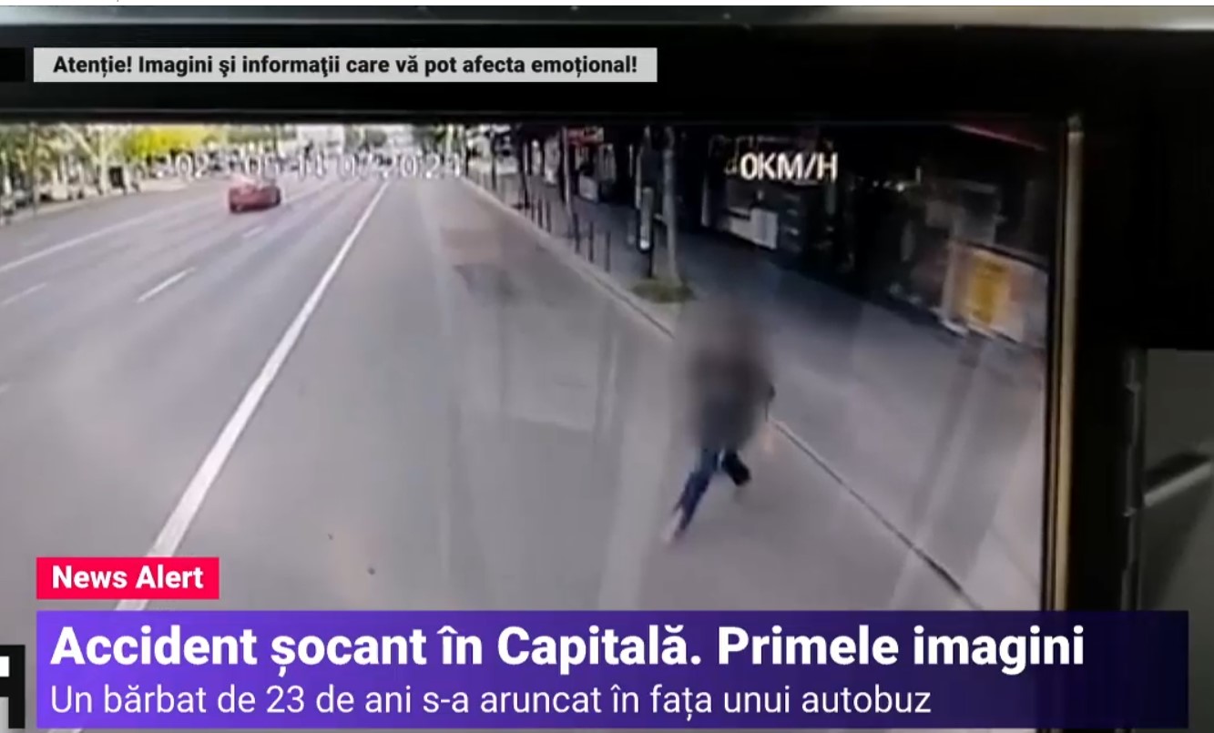 VIDEO Momentul în care un bărbat se aruncă în fața unui autobuz, pe bd. Magheru, din București