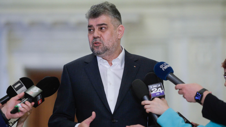 Marcel Ciolacu, președintele PSD și al Camerei Deputaților susține declarații de presă la Palatul Parlamentului din București, marți 25 aprilie 2023.