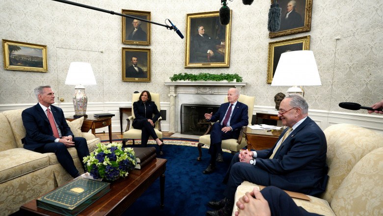 United States President Joe Biden with US Vice President Kamala Harris meets with Speaker of the US House of Representat