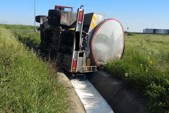 Sute de litri de lapte de capră au ajuns în șant, după ce o cisternă s-a răsturnat pe o șosea din Arad. Pagube de 60.000 de lei