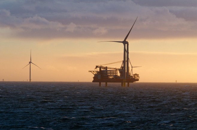 The Jack-up construction vessel Brave Tern installing offshore wind turbines at the Hornsea 1 Offshore Windfarm