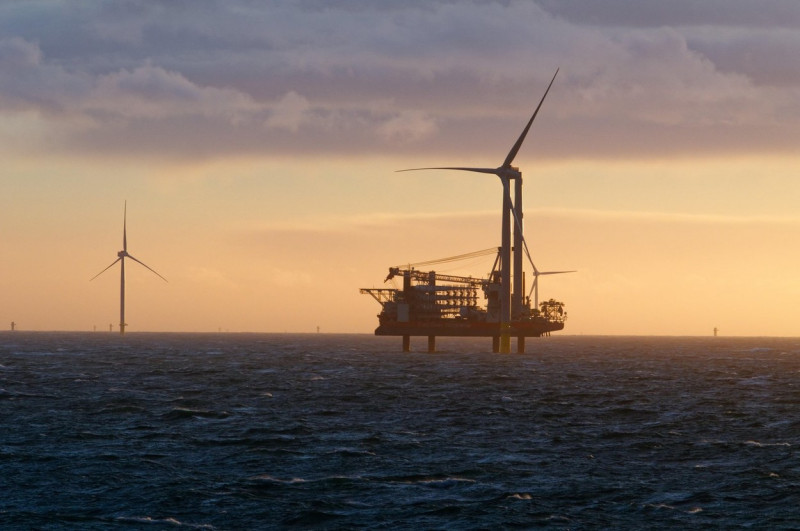 The Jack-up construction vessel Brave Tern installing offshore wind turbines at the Hornsea 1 Offshore Windfarm