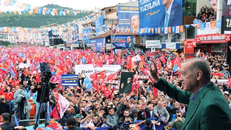 Turkish President and Leader of the Justice and Development (AK) Party, Recep Tayyip Erdogan addresses the crowd during election rally, Ankara, Turkey - 11 May 2023