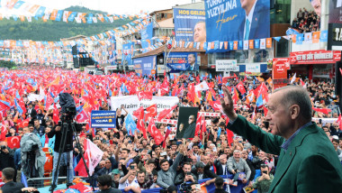 Turkish President and Leader of the Justice and Development (AK) Party, Recep Tayyip Erdogan addresses the crowd during election rally, Ankara, Turkey - 11 May 2023
