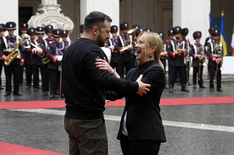 President of Ukraine Volodymyr Zelensky and Prime Minister of Italy Giorgia Meloni during the meeting at Palazzo Chigi