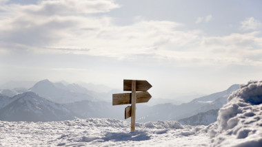 snow covered mountains, way sign