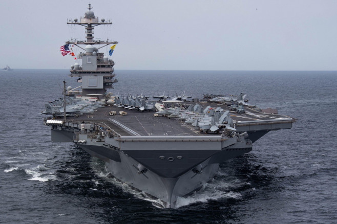 The first-in-class aircraft carrier USS Gerald R. Ford (CVN 78) transits the North Sea with embarked Carrier Air Wing (CVW) 8, May 21, 2023. The ships sailing include the first-in-class aircraft carrier USS Gerald R. Ford (CVN 78), Ticonderoga class guide