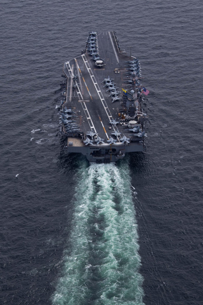 The first-in-class aircraft carrier USS Gerald R. Ford (CVN 78) transits the North Sea with embarked Carrier Air Wing (CVW) 8, May 21, 2023. The ships sailing include the first-in-class aircraft carrier USS Gerald R. Ford (CVN 78), Ticonderoga class guide