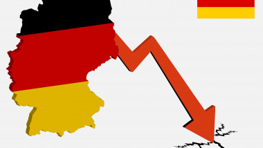 ilustrație cu harta și steagul germaniei cu o săgeată în jos