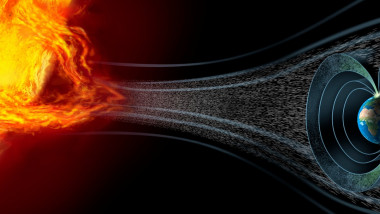 ilustrație cu o erupție solară și cum interacționează cu câmpul magnetic al Pământului
