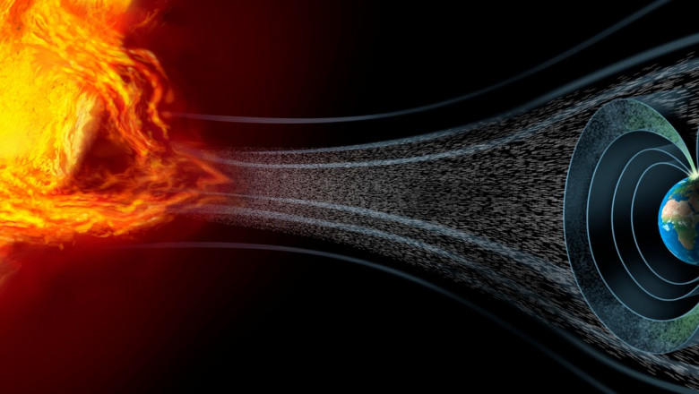 ilustrație cu o erupție solară și cum interacționează cu câmpul magnetic al Pământului