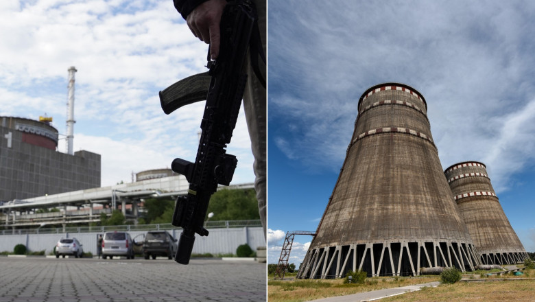 Soldat rus la centrala Zaporojia din Energodar / Două dintre turnurile de răcire ale centralei nucleare