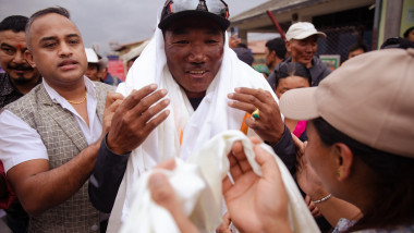 Kami Rita Sherpa arrives after scaling Mt Everest for the 28th time in Kathmandu, Nepal - 25 May 2023