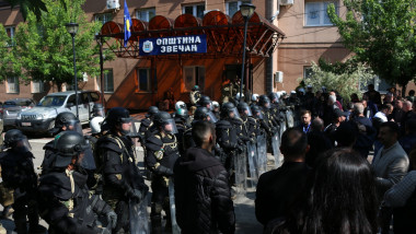 Serbian protestors take action against the new mayor of Albania as special units of the Kosovo police protect the municipality building in Mitrovica