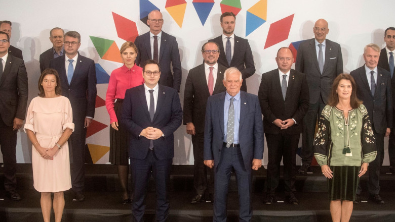 The European Union's High Representative for Foreign Affairs and Security Policy Josep Borrell (first row, C-R) and Czech Foreign Minister Jan Lipavsky (next to him, C-L) pose with other participants of an informal meeting of EU Foreign Ministers (Gymnich) for a family photo