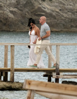 Jeff Bezos and Lauren Sanchez seen getting off their yacht and heading to the shore in Ibiza, Spain