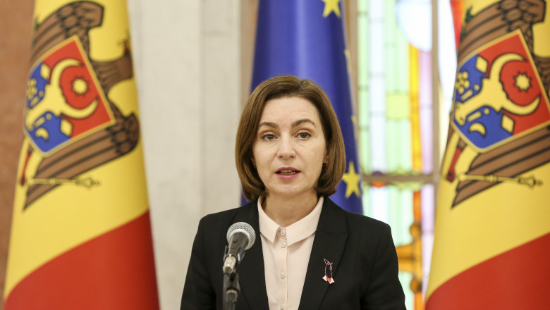 Președintele Republicii Moldova, Maia Sandu, face declarații de presă la Chișinău, pe 20 martie 2023.