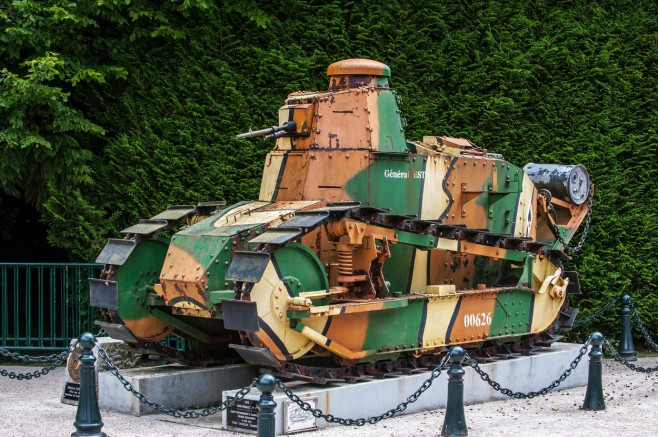 The French light tank Renault FT 17, first World War One armoured tank with a fully rotating turret, Compiègne, France