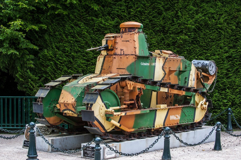 The French light tank Renault FT 17, first World War One armoured tank with a fully rotating turret, Compiègne, France