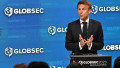 Președintele Franței Emmanuel Macron susține un discurs la Bratislava pe 31 mai 2023.