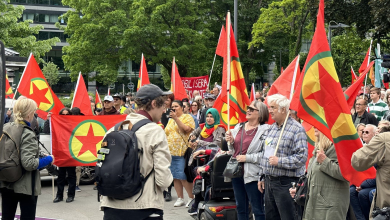 protestatri cu steaguri ale PKK in suedia