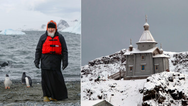 Patriarhul Kiril al Rusiei cu pinguinii din Antarctica / cea mai sudică biserică ortodoxă din lume
