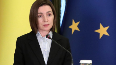 Maia Sandu, președintele Republicii Moldova, susține o declarație de presă la Kiev, pe 27 iunie 2022.