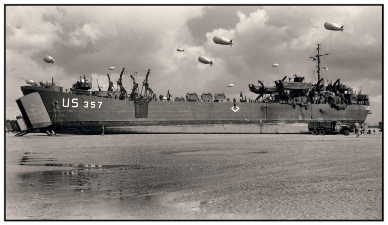 Vintage 1944 US LST Landing Craft June 1944 WW2 D-Day Utah Beach Normandy Landings World War II Normandy France American US Navy Ship LST 357 on Utah Beach Landings D-Day The LST, short for "Landing Ship Tank", came about after the Dunkirk evacuation demo