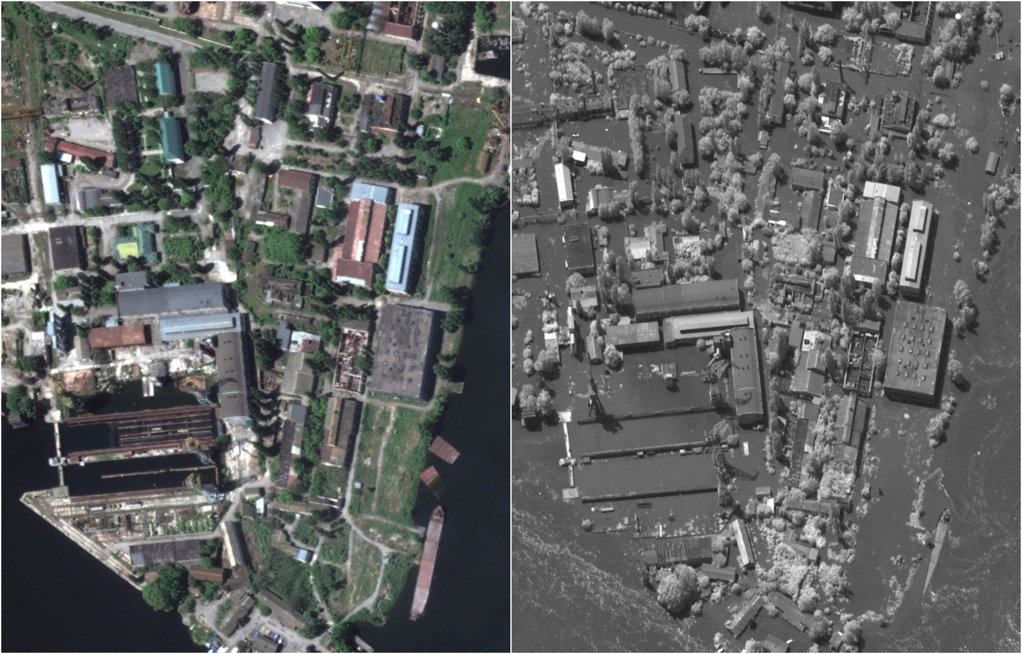 Imagini din satelit înainte și după aruncarea în aer a barajului Nova Kahovka