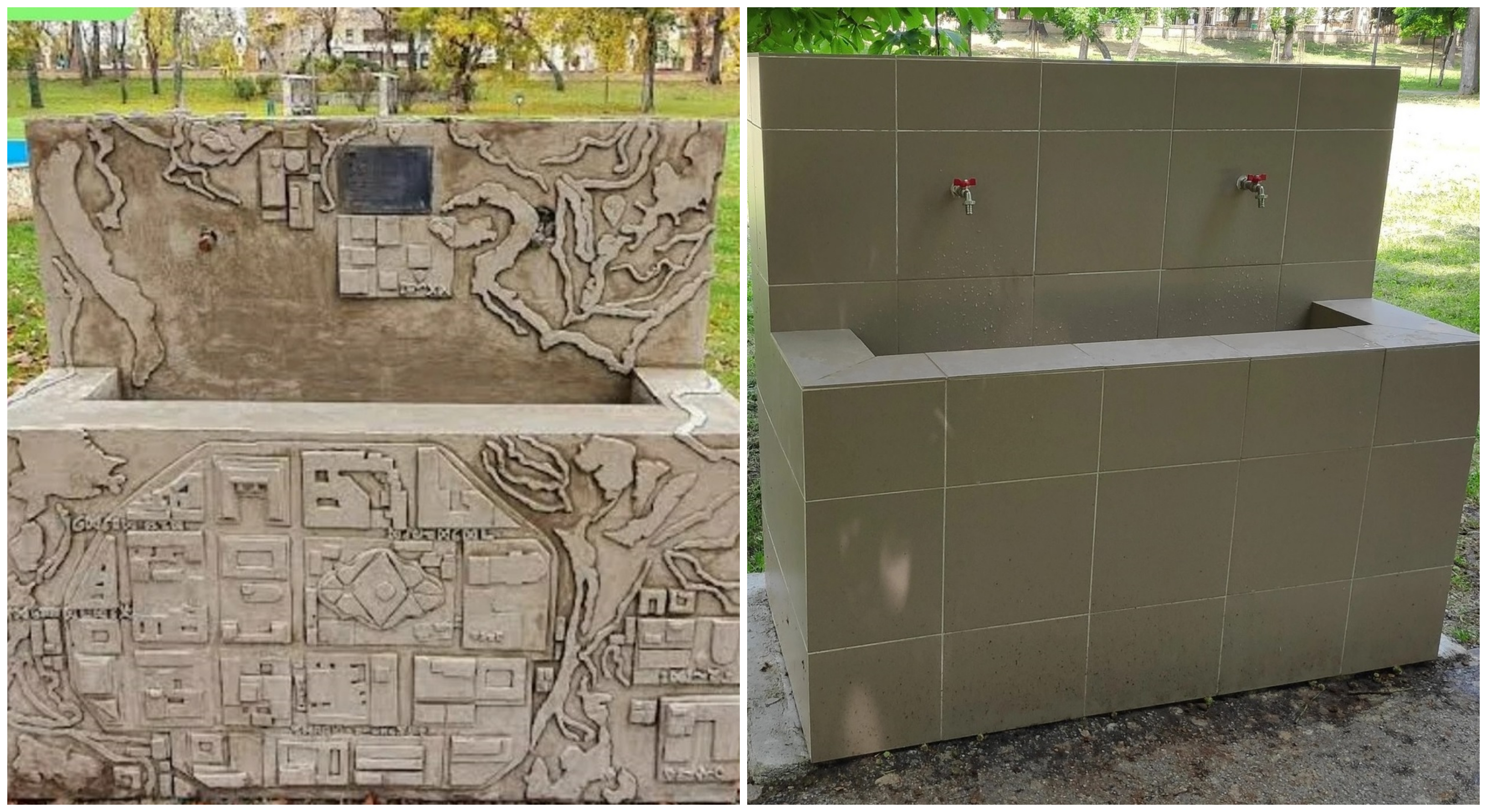 Înainte vs după. O fântână din Timișoara decorată de artiști a fost "renovată" de autorități cu gresie