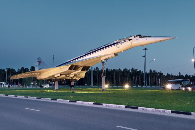 View of the Tu-144 aircraft in the evening, a monument in the city of Zhukovsky in memory of the achievements of the domestic aviation industry of the