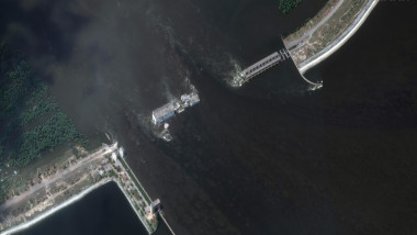 satellite image courtesy of Maxar Technologies shows the Nova Kakhovka dam and hydroelectric plant after the destruction on June 7, 2023