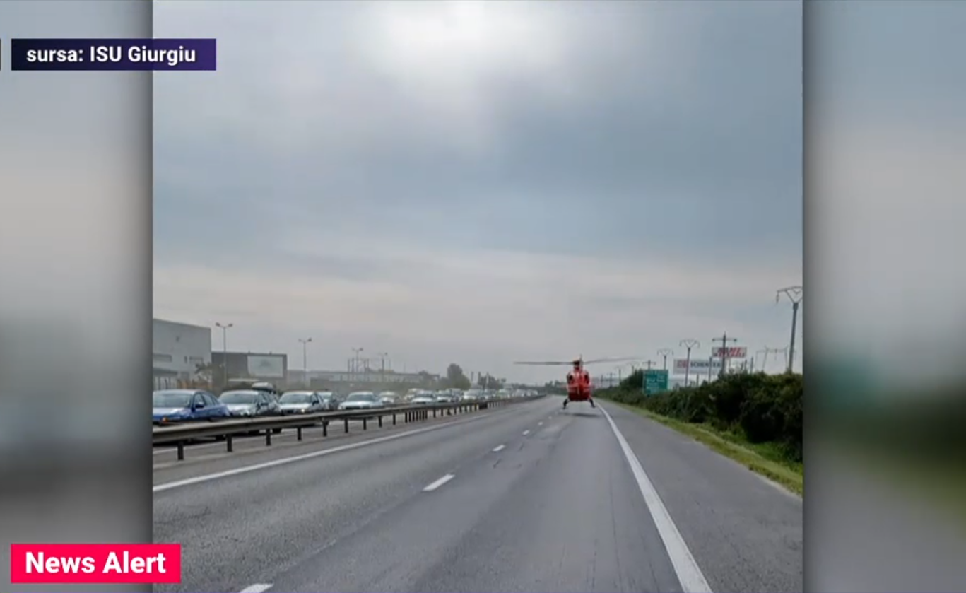 Autostrada A1 București - Pitești a fost blocată pe sensul spre Capitală după un accident la care a intervenit un elicopter SMURD