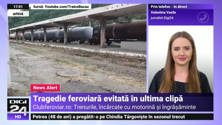 O captură de ecran cu transmisia Digi24 din 10 iunie privind un accident feroviar evitat în ultima clipă la Sighișoara.