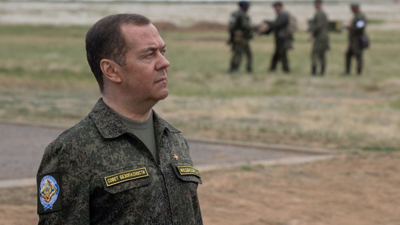 Russia's former leader Dmitry Medvedev, a President Putin ally who is now deputy chairman of the country's security council, visits the Prudboy range in the Volgograd region