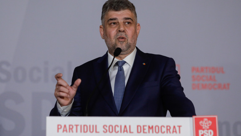 Marcel Ciolacu, președintele PSD, susține declarații de presă la finalul ședinţei Consiliului Politic Naţional al Partidului Social Democrat, la Palatul Parlamentului din București, 16 mai 2023.