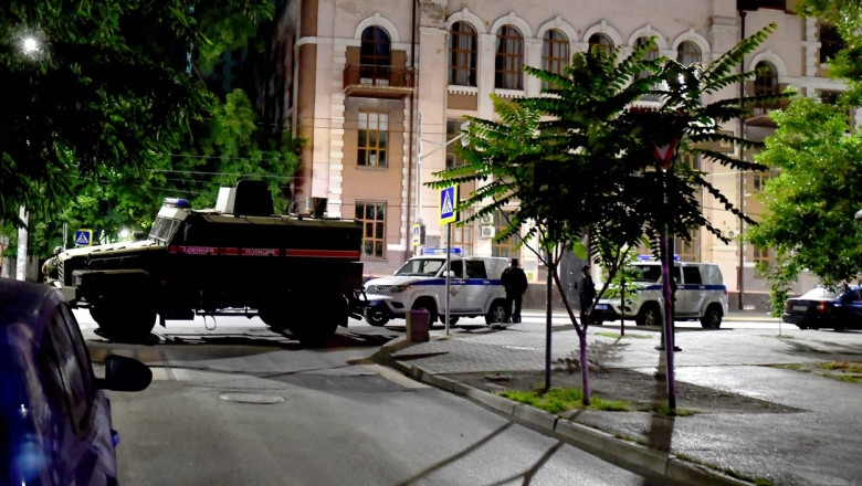 Vehicles block the street after Wagner chief's statement in Rostov-On-Don.