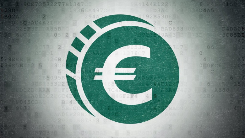 ilustrația conceptului de euro digital un desen al unei monede verzi cu simbolul euro în mijloc