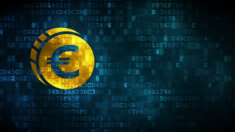 Currency concept: pixelated Euro Coin icon on digital background, empty copyspace for card, text, advertising