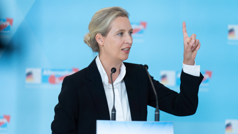 Alice Weidel cu mana ridicata la microfon