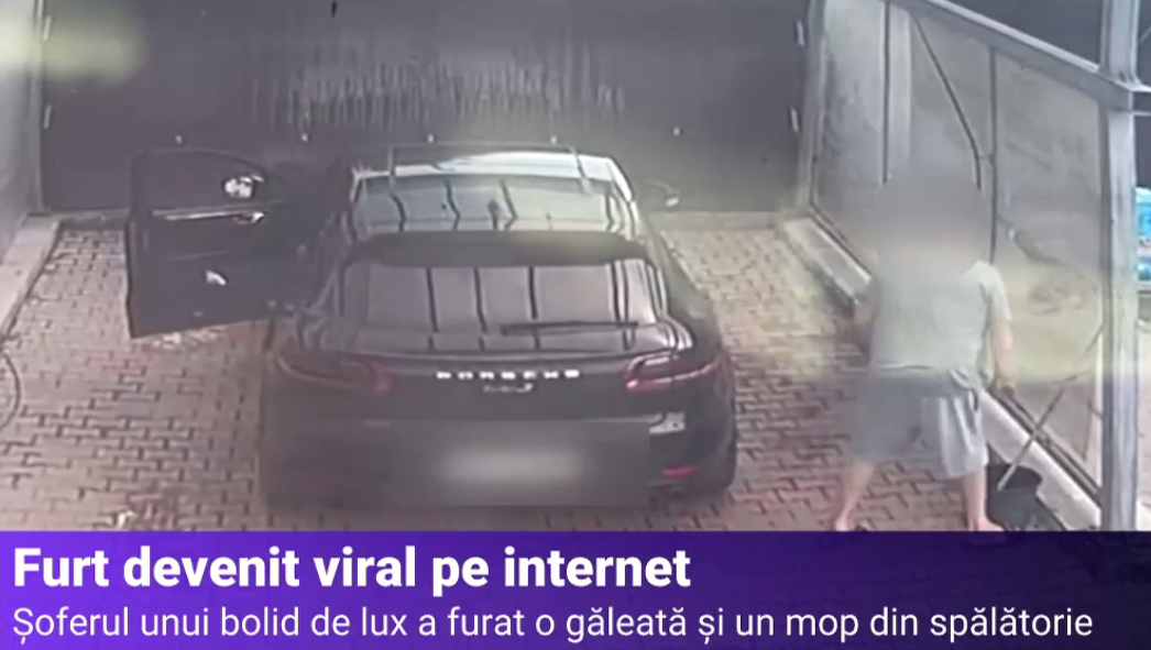 VIDEO. Șoferul unui bolid de lux, filmat când fură o găleată și un mop dintr-o spălătorie auto din Brașov