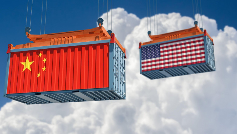 Freight container with USA and China flag. 3D Rendering