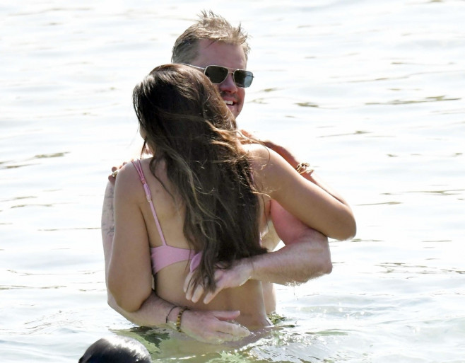 *PREMIUM-EXCLUSIVE* *MUST CALL FOR PRICING* *WEB EMBARGO UNTIL 18:55 HRS UK TIME ON 06/07/23* Hollywood actor Matt Damon packs on the PDA with his wife Luciana Bozan Barroso while enjoying a day at the Paraga beach, at Tasos Taverna, in Mykonos.