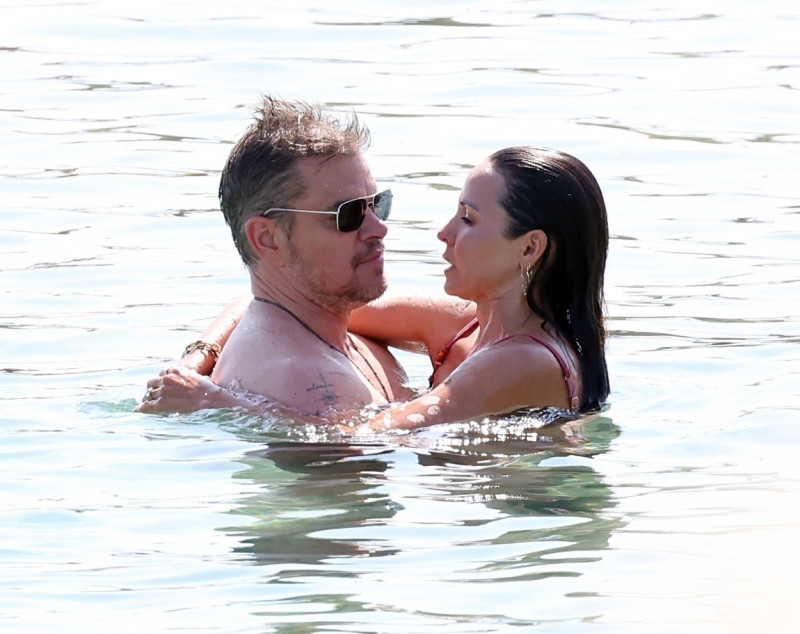 *PREMIUM-EXCLUSIVE* *MUST CALL FOR PRICING* *WEB EMBARGO UNTIL 18:55 HRS UK TIME ON 06/07/23* Hollywood actor Matt Damon packs on the PDA with his wife Luciana Bozan Barroso while enjoying a day at the Paraga beach, at Tasos Taverna, in Mykonos.