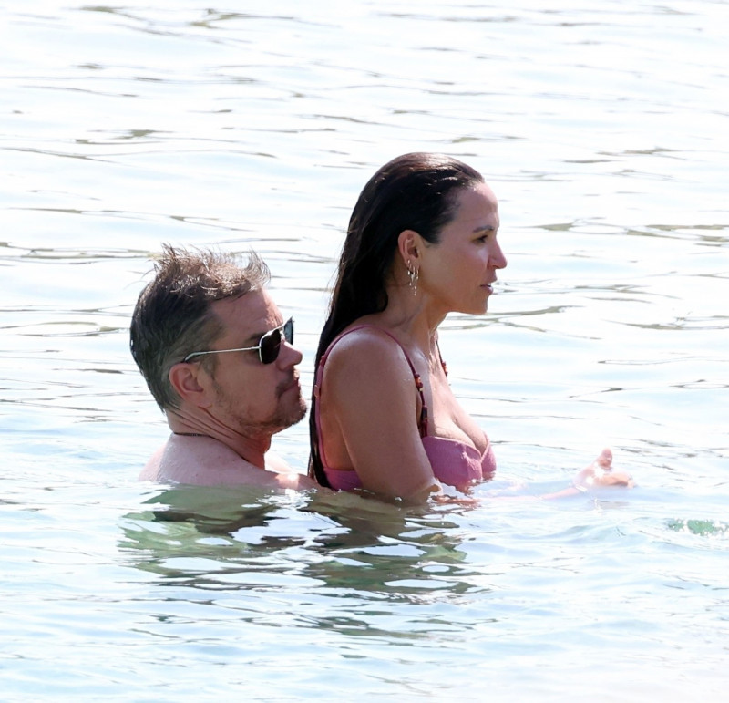 *PREMIUM-EXCLUSIVE* *MUST CALL FOR PRICING* *WEB EMBARGO UNTIL 18:55 HRS UK TIME ON 06/07/23* Hollywood actor Matt Damon packs on the PDA with his wife Luciana Bozan Barroso while enjoying a day at the Paraga beach, at Tasos Taverna, in Mykonos.